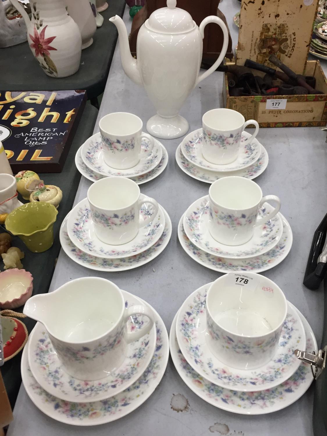 A WEDGWOOD 'ANGELA' COFFEE SET TO INCLUDE CUPS, SAUCERS, SIDE PLATES, A SUGAR BOWL, CREAM JUG PLUS A