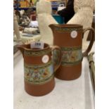 TWO TERRACOTTA TYPE VASES WITH GRIFFIN DESIGN BANDING