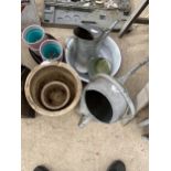 A MIXED LOT OF GARDEN POTS, VINTAGE WATERING CAN, ENAMEL BOWL ETC