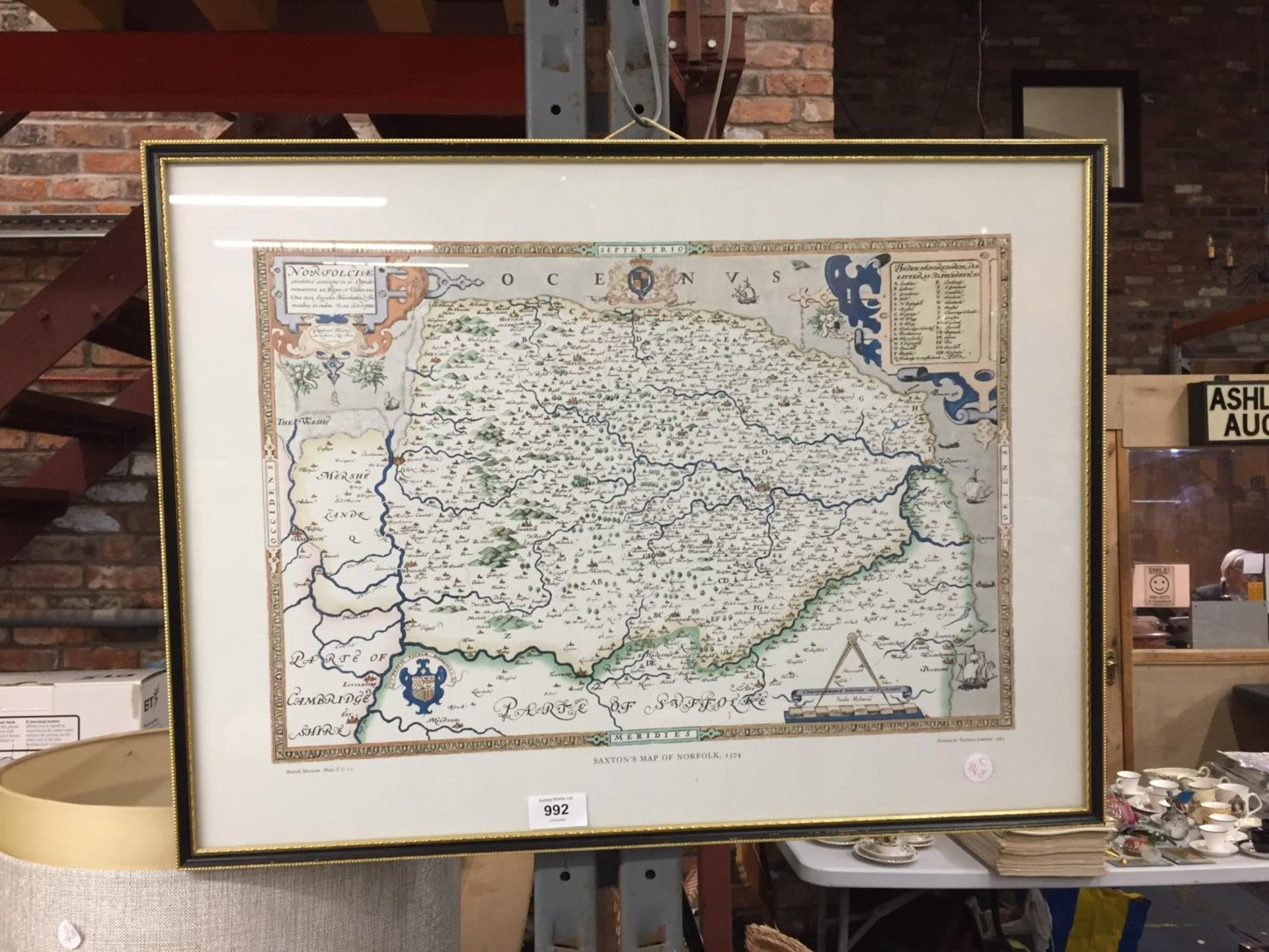 A FRAMED VINTAGE PRINT OF 'SAXTON'S MAP OF NORFOLK 1574'