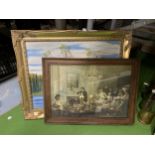 A LARGE GILT FRAMED OIL PAINTING OF A LAKE SCENE, SIGNED BROWN AND FURTHER CLASSICAL PRINT