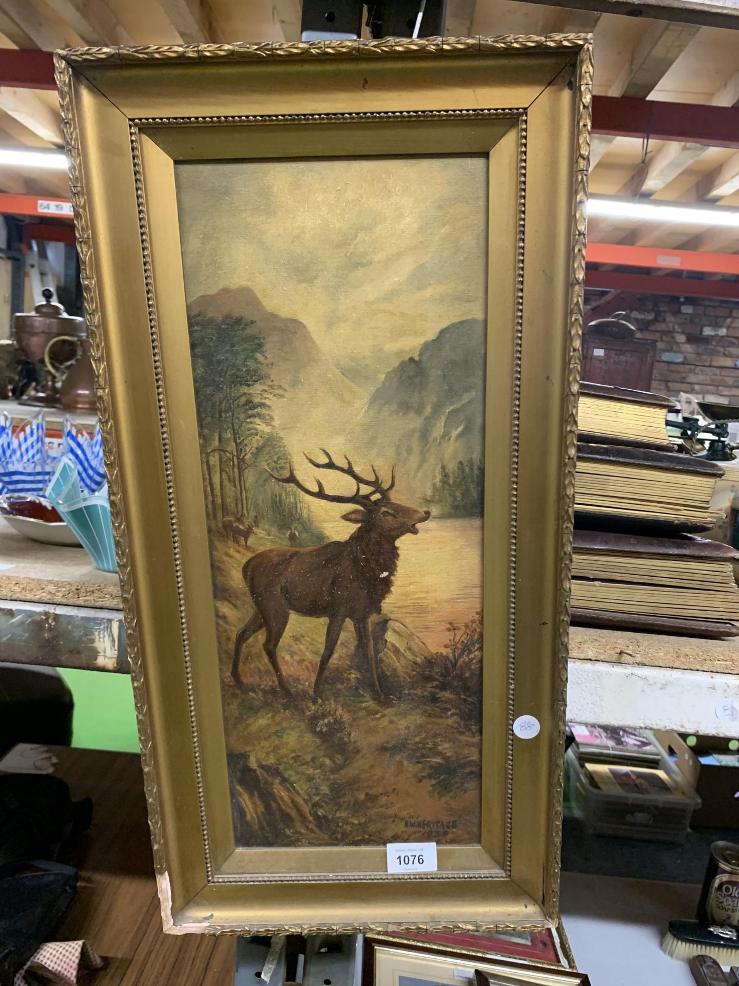 A GILT FRAMED OIL PAINTING OF A STAG, SIGNED A.W FRITAGE, 1920