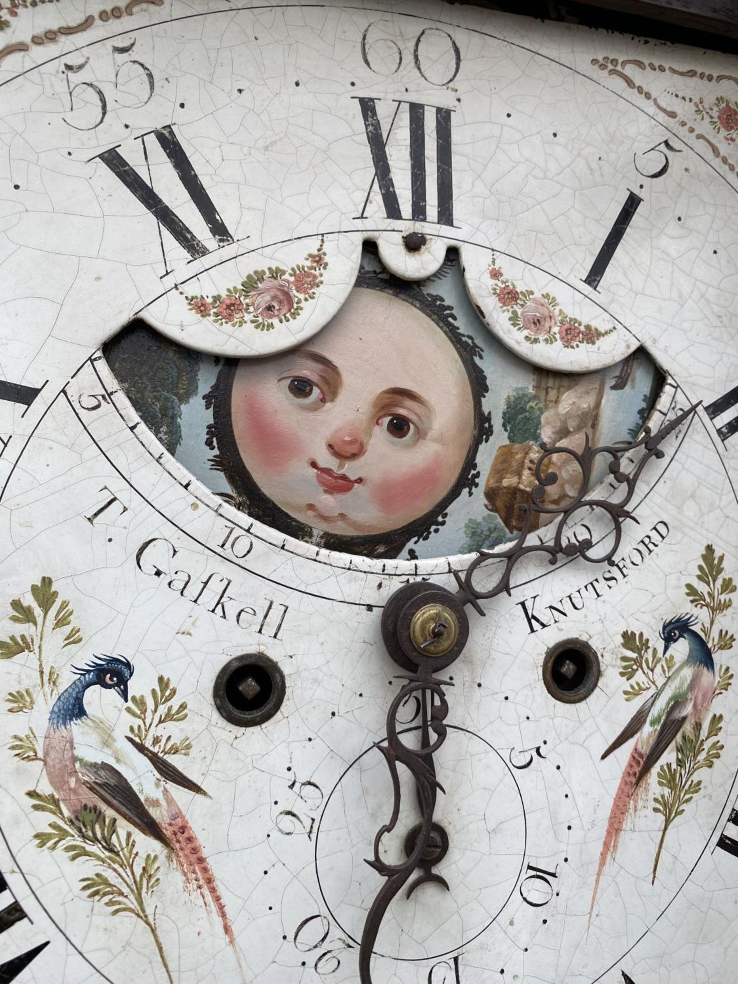 AN 18TH CENTURY OAK AND CROSSBANDED EIGHT DAY LONGCASE CLOCKW ITH ROLLING MOON ENAMEL DIAL, T. - Image 5 of 6