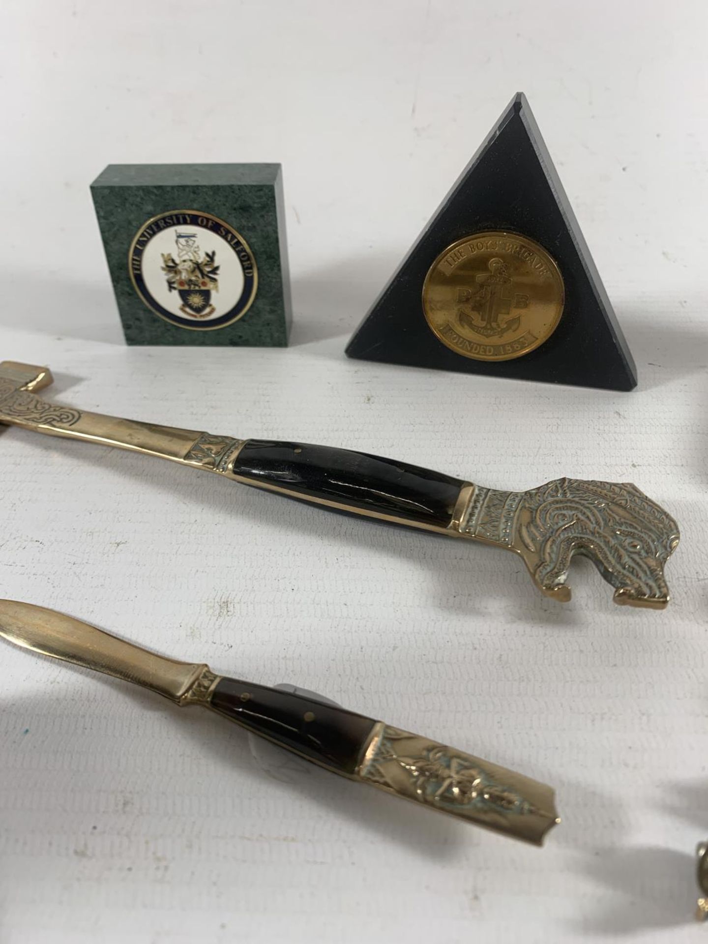 * TWO BOYS BRIGADE MEDALS, UNIVERSITY OF SALFORD PAPERWEIGHTS, AXE AND KNIFE, COLLECTION OF ENAMEL - Image 4 of 6