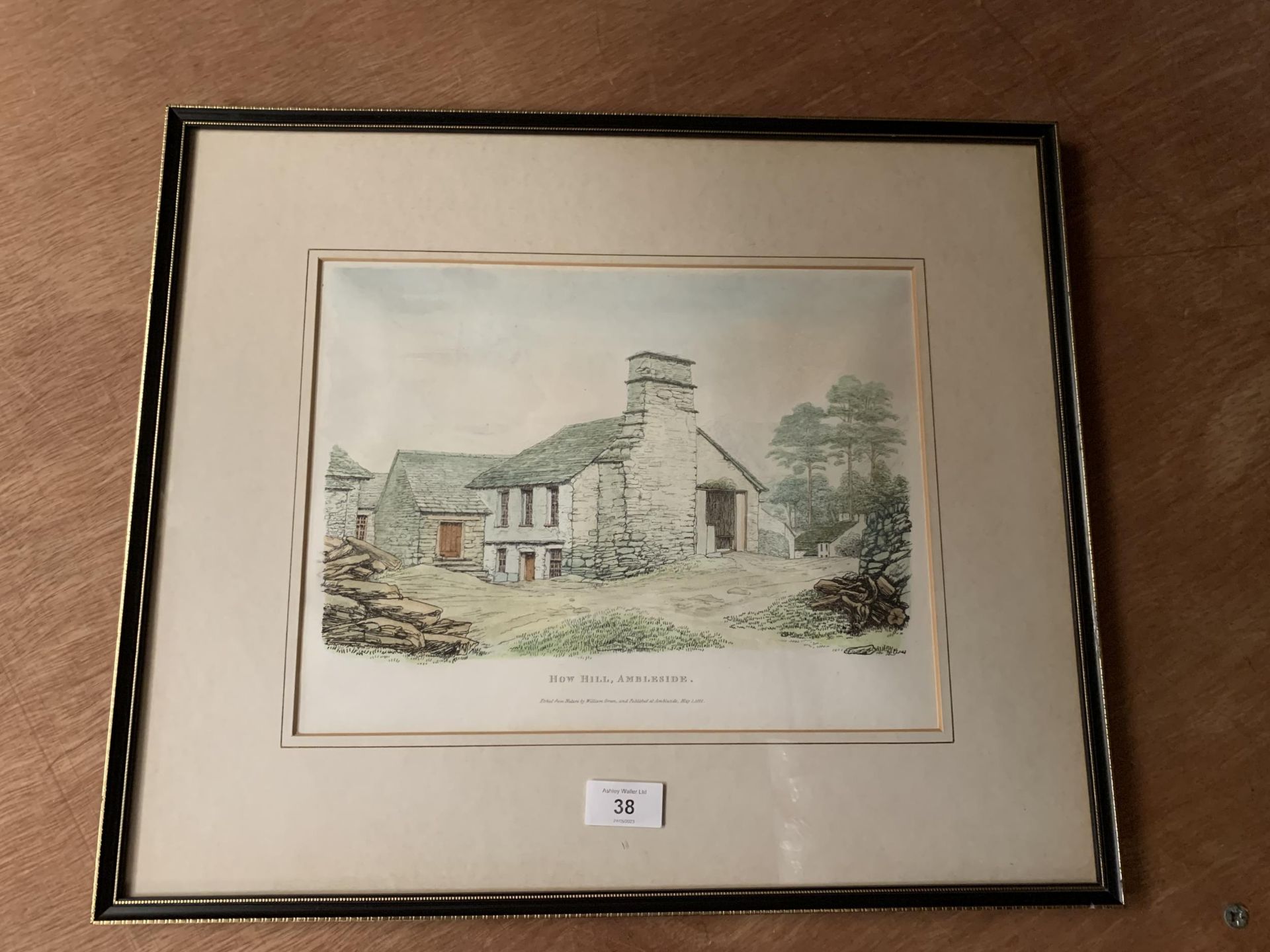 * 'HOW HILL AMBLESIDE' COLOURED PRINT DATED 1821, 25 X 32CM, VERSO WITH PRESENTATION CARD TO JAMES