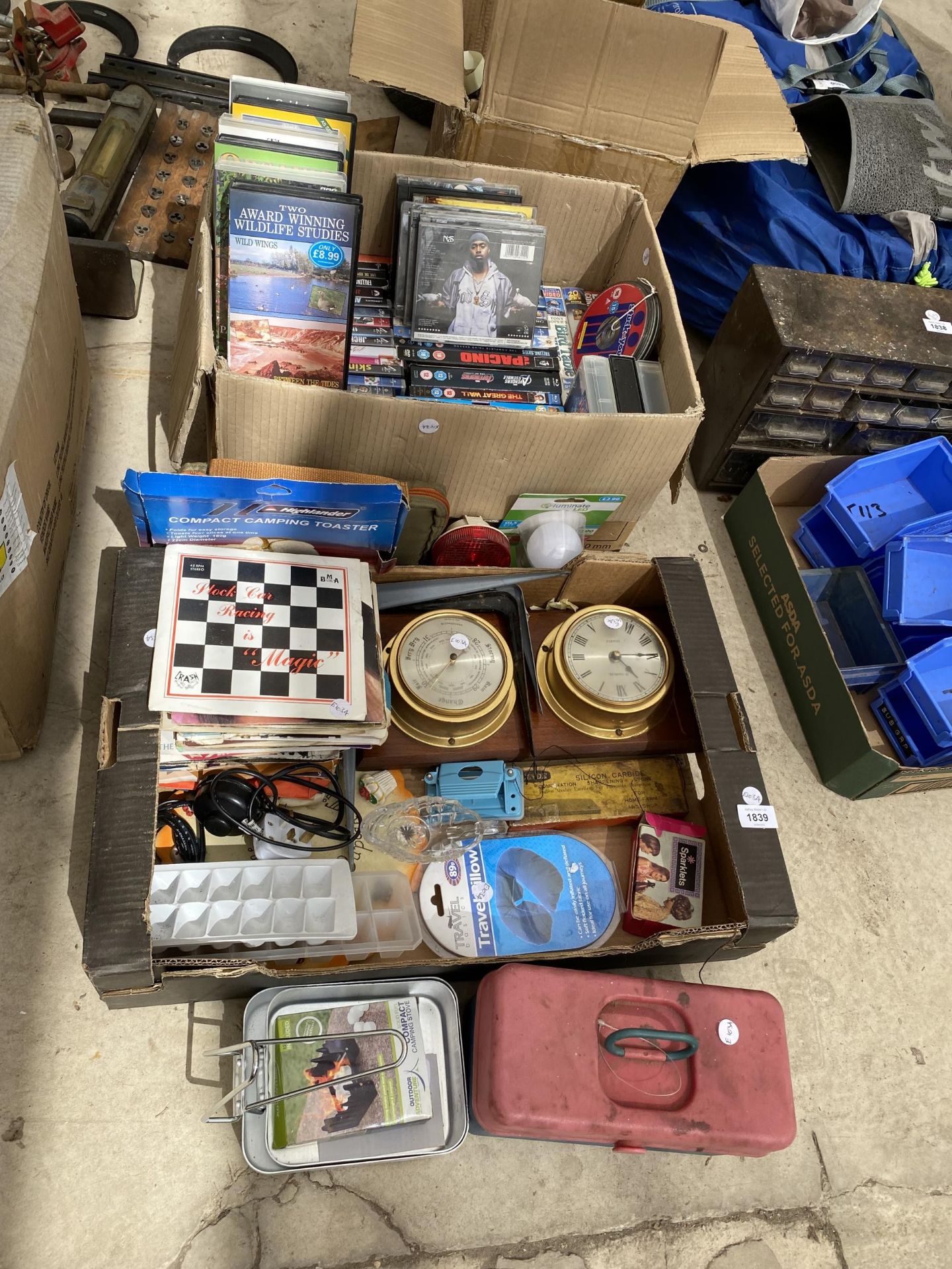 A LARGE MIXED LOT OF ASSORTED ITEMS, VIDEOS, SHIPS BAROMETER, RECORDS ETC