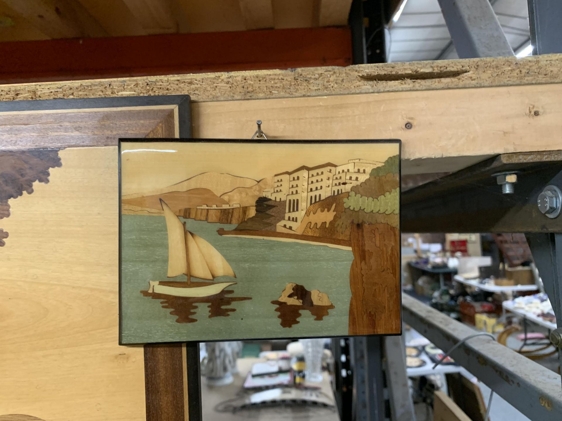 A VINTAGE MARQUETRY DESIGN WOODEN PICTURE AND SMALLER EXAMPLE - Image 2 of 4