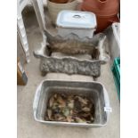 A VINTAGE DECORATIVE METAL PLANTER WITH LINER AND ENAMEL BREAD BIN