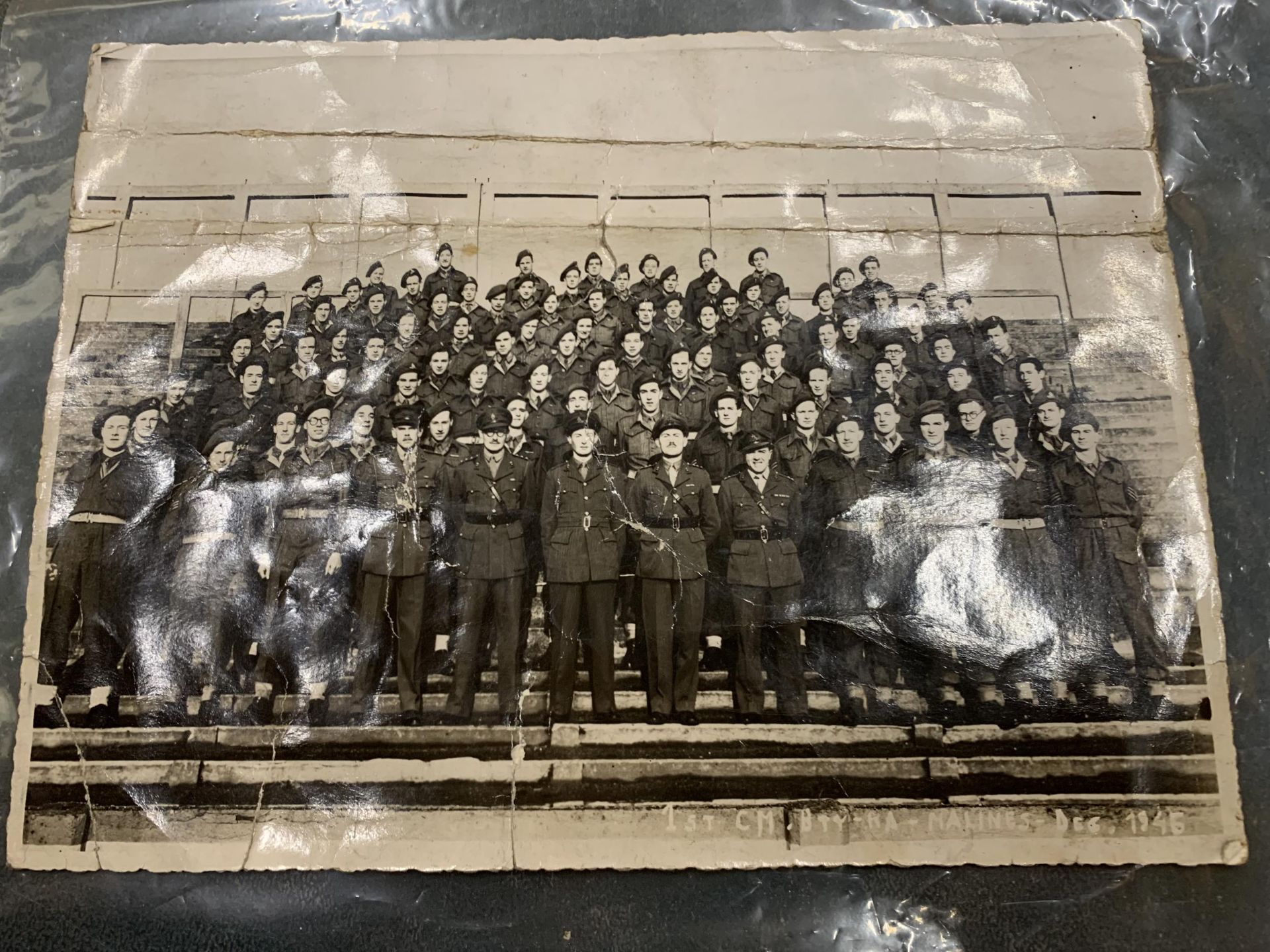 A 1ST CM BATTERY R.A MALINES DEC 1945 PHOTO WITH ALL SIGNATURES ON BACK