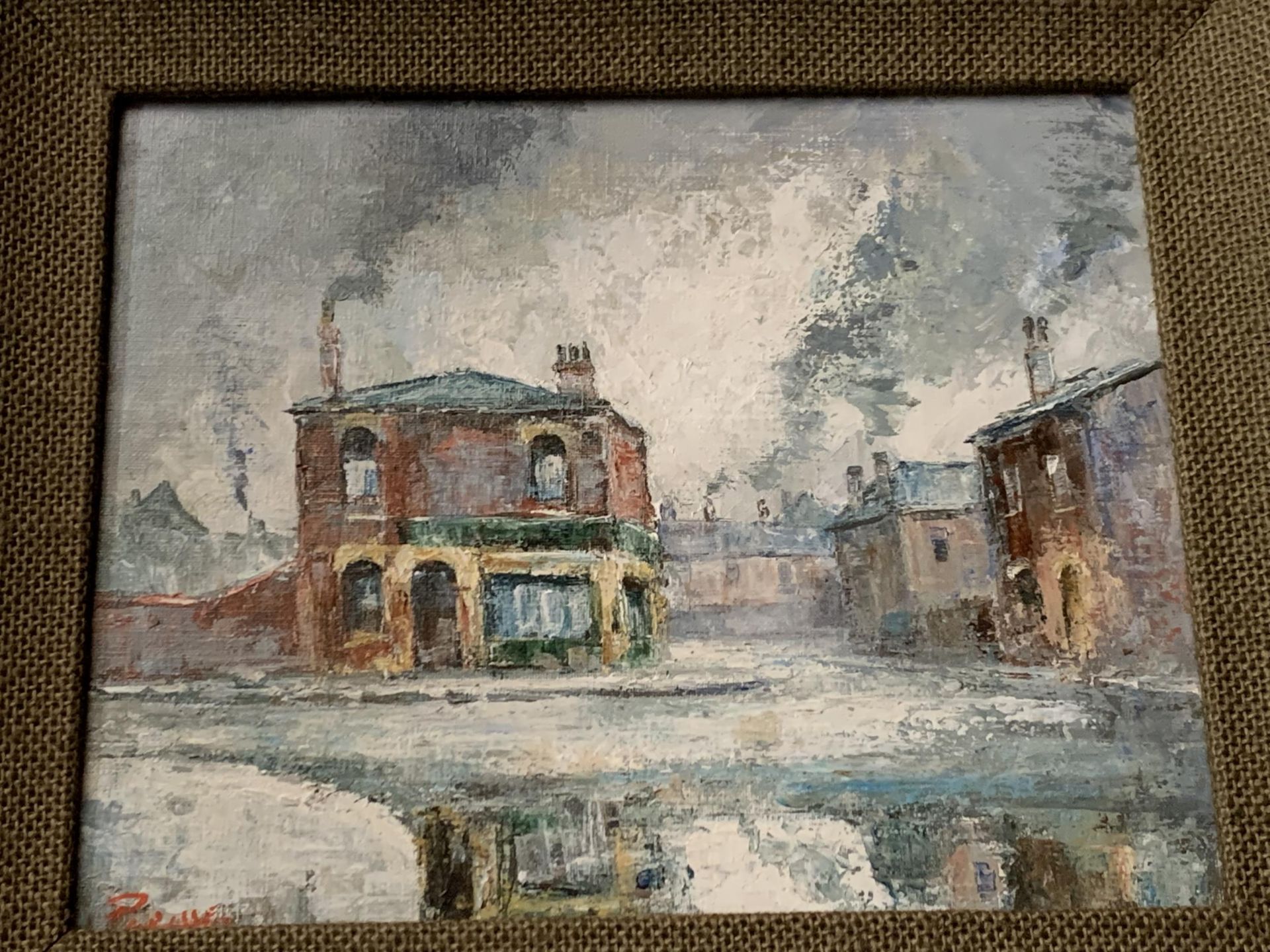 * PARILLE (20TH CENTURY) 'PUB IN SALFORD', OIL ON CANVAS, INDISTINCTLY SIGNED, TITLE VERSO, - Image 2 of 4