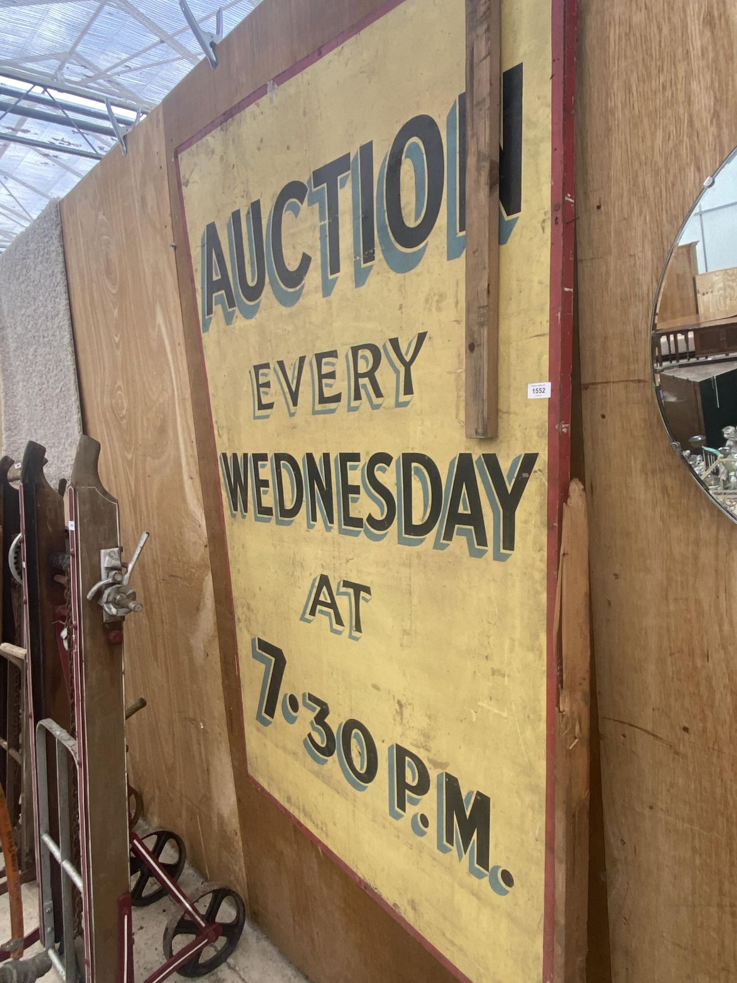 A VINTAGE WOODEN 'AUCTION EVERY WEDNESDAY' SIGN - Image 2 of 3