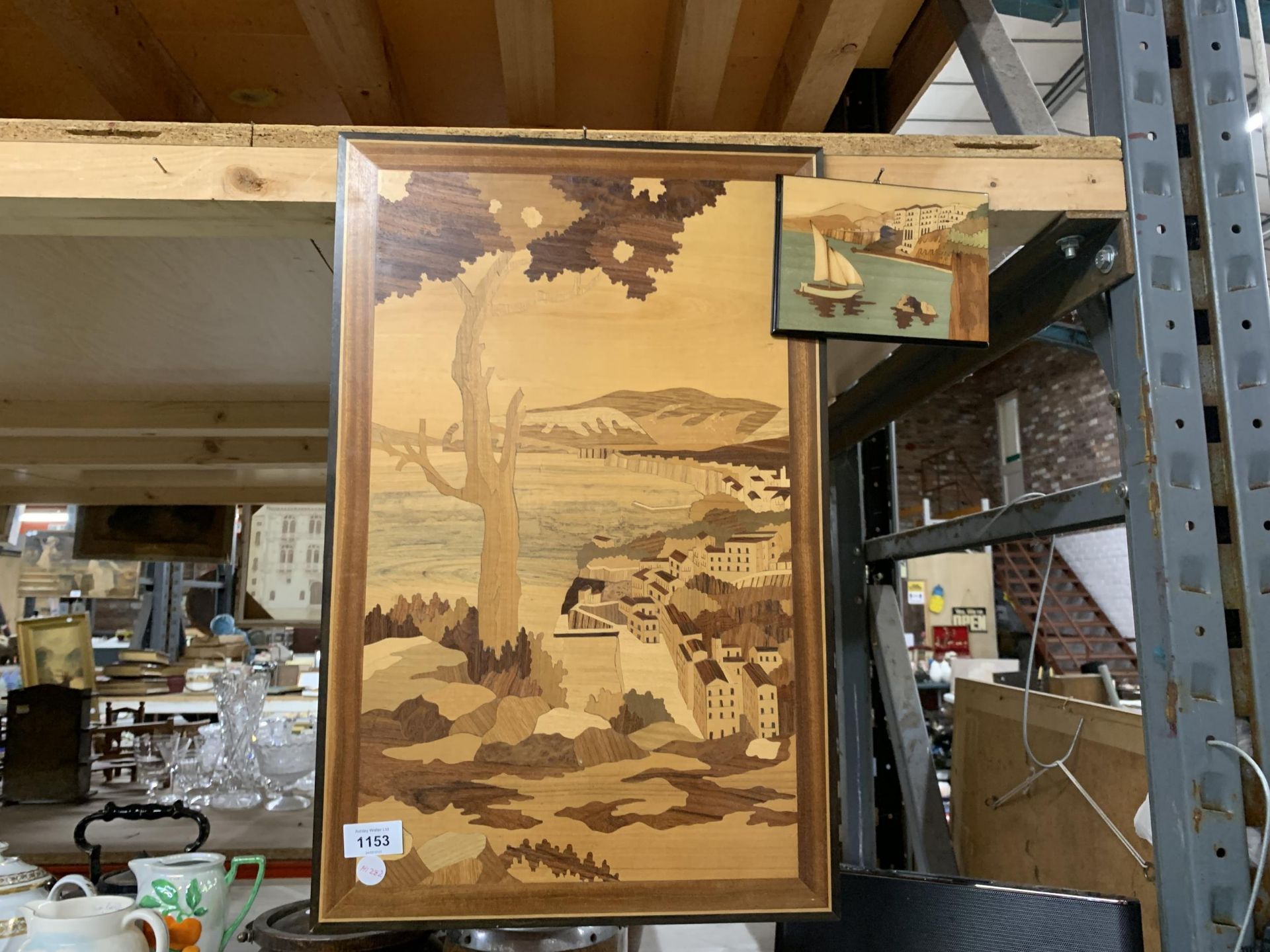 A VINTAGE MARQUETRY DESIGN WOODEN PICTURE AND SMALLER EXAMPLE