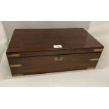 A MAHOGANY AND BRASS BOUND WRITING SLOPE WITH INNER PURPLE LEATHER SLOPE AND SIDE DRAWER, 15 X 24