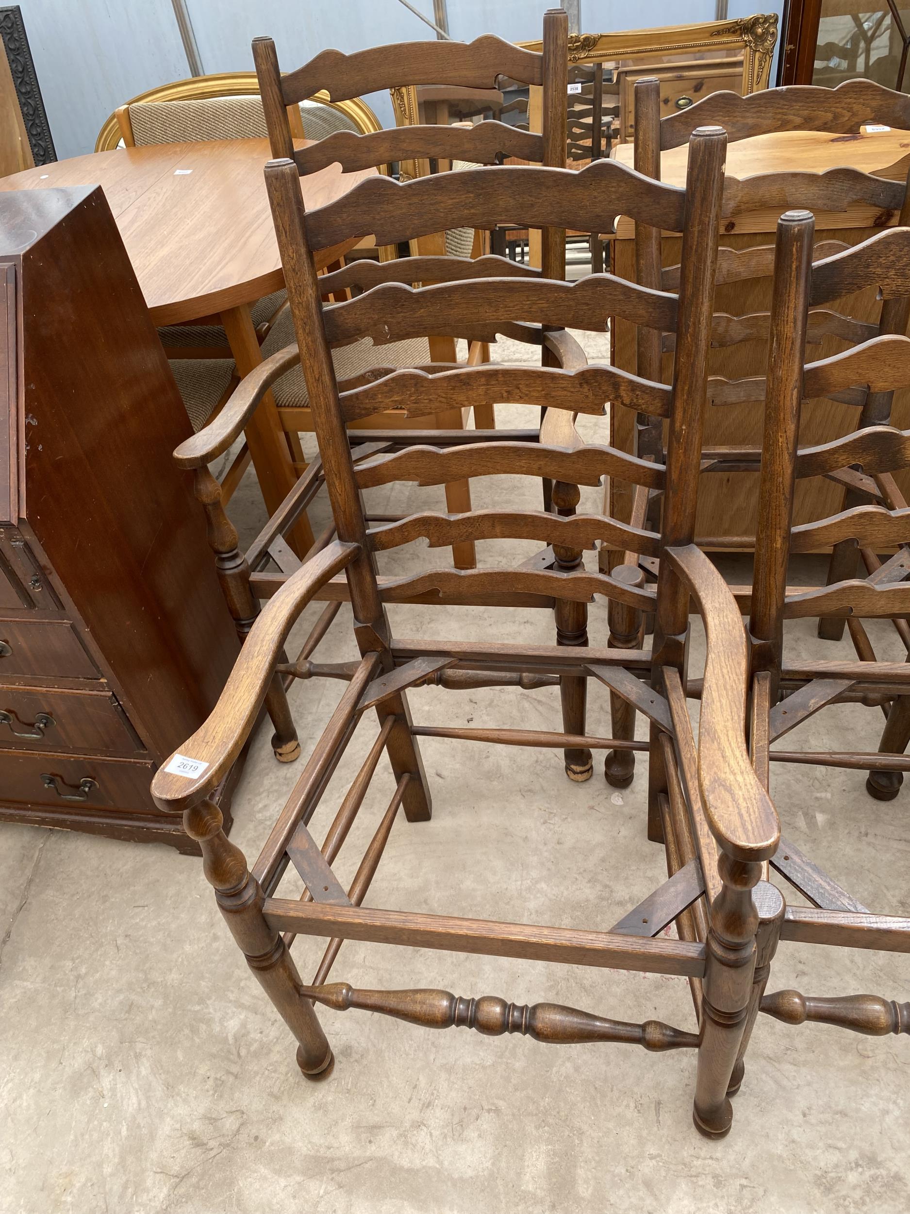 A SET OF SIX 18TH CENTURY STYLE LADDERBACK DINING CHAIRS, TWO BEING CARVERS (LACKING SEATS) - Image 2 of 3