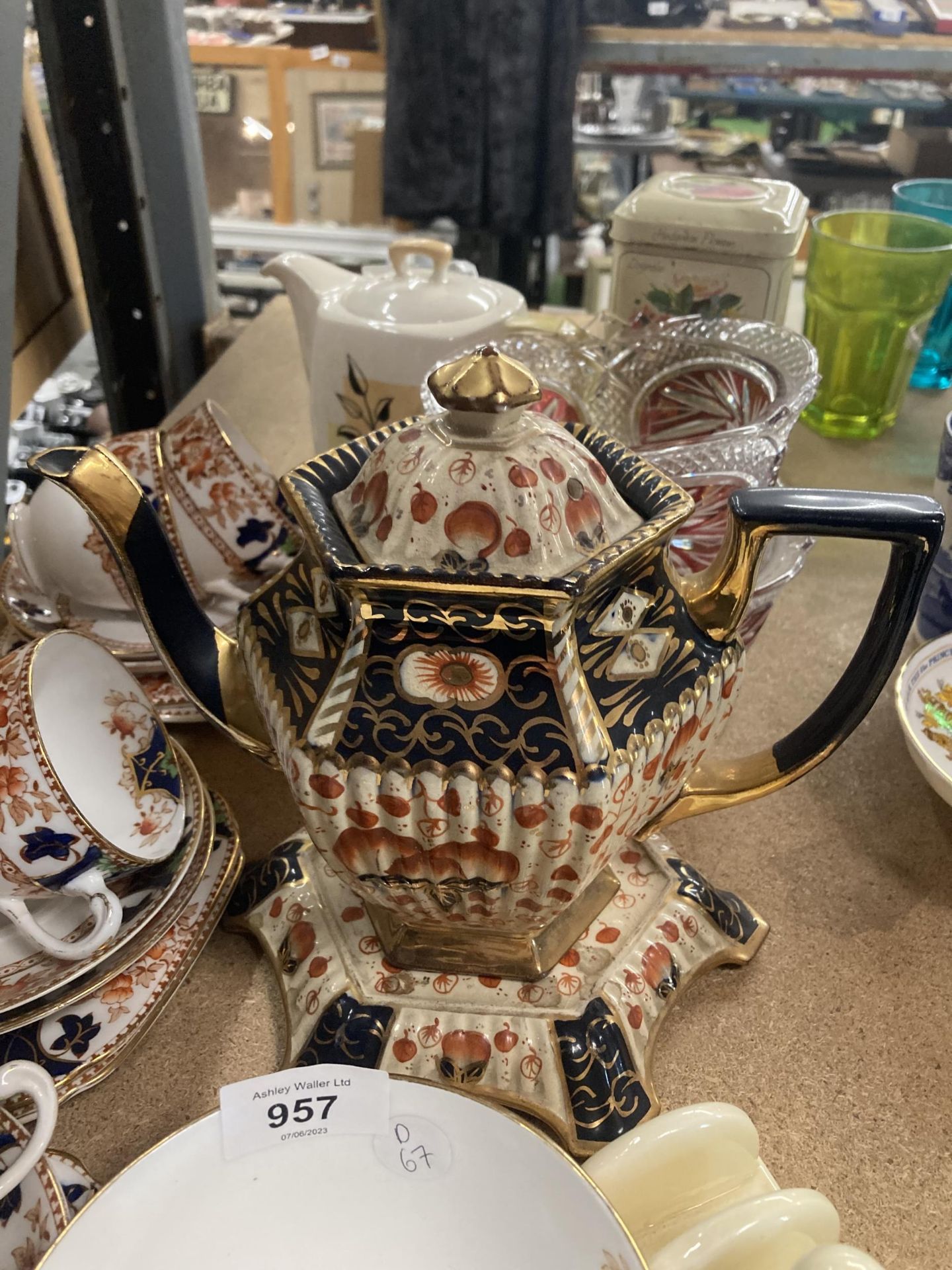 A QUANTITY OF VINTAGE CROWN DOUGLAS TRIOS AND A SUGAR BOWL, A VICTORIAN TEAPOT AND STAND, BOHEMIA - Image 2 of 2