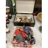 A QUANTITY OF SEWING ITEMS TO INCLUDE THREADS, NEEDLES, RIBBON, ETC PLUS A SEWING BOX AND A