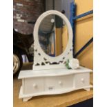 A WHITE WOODEN DRESSING TABLE MIRROR WITH THREE DRAWERS