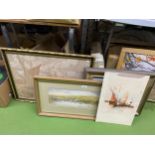 FOUR FRAMED PICTURES, TAPESTRY BOAT SCENE, OIL ON CANVAS SIGNED I.MCARDLE ETC