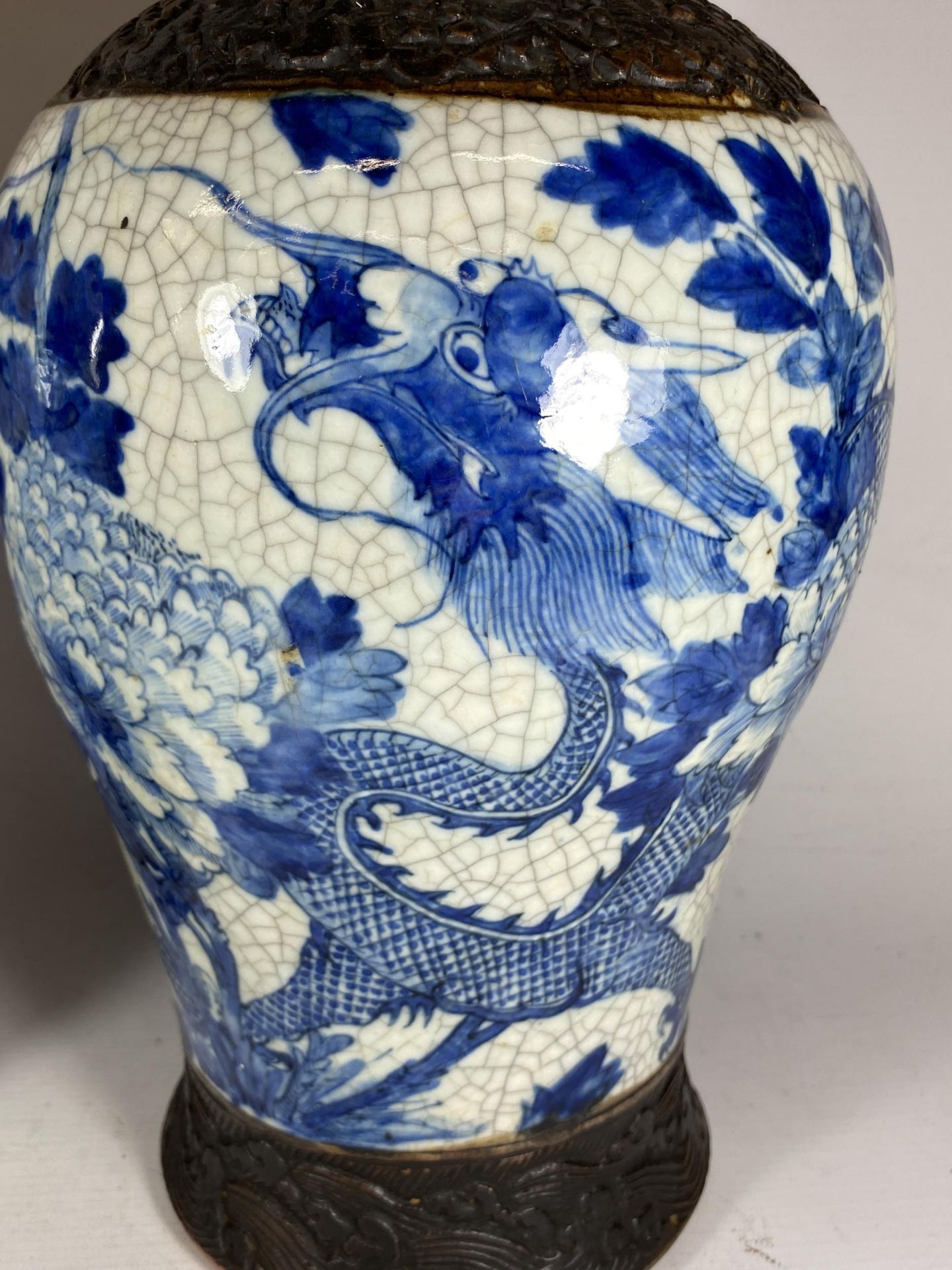 A PAIR OF EARLY 20TH CENTURY CHINESE BLUE AND WHITE CRACKLE GLAZE DRAGON DESIGN VASES, A/F, HEIGHT - Image 3 of 13