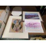 A SIGNED DAVID WOODFORD PRINT, TAPESTRY OF A LADY, ETC