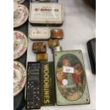 A COLLECTION OF VINTAGE TINS TO INCLUDE WILL'S WOODBINES DOMINOES