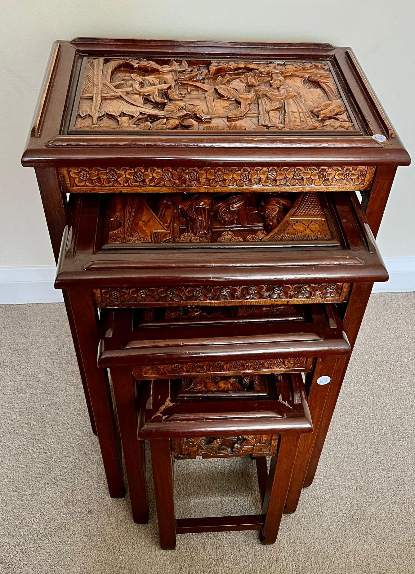 A SET OF FOUR CHINESE CARVED HARDWOOD NEST OF TABLES, THE SMALLEST WITH SINGLE DRAWER - Image 4 of 5