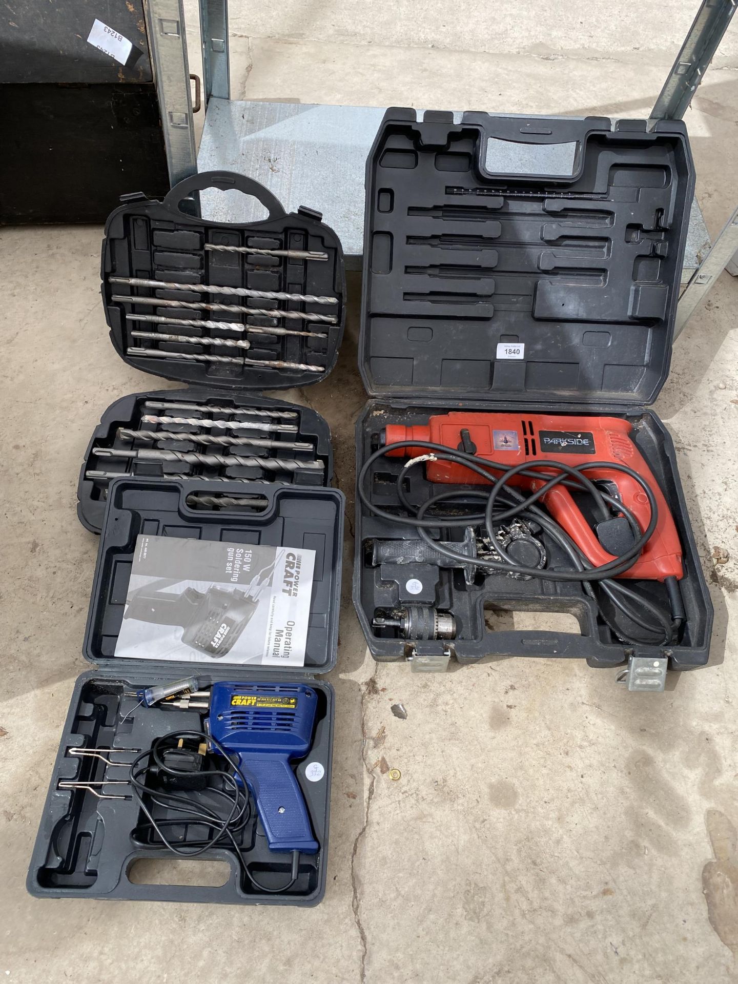 A PARKSIDE ELECTRIC SDS DRILL, AN SDS DRILL BIT SET AND A POWER CRAFT SOLDERING GUN