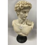 A LARGE DECORATIVE HEAVY RESIN BUST OF DAVID, HEIGHT 53CM