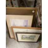 A GROUP OF FOUR PICTURES TO INCLUDE A WATERCOLOUR OF A HOUSE, FRAMED PRINTS, ETC