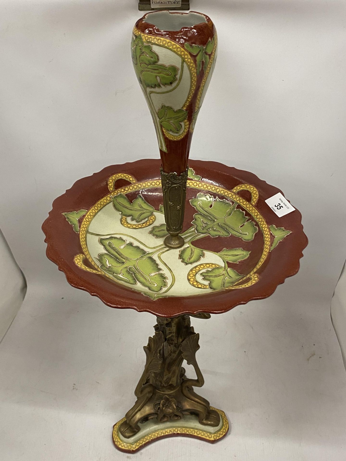 AN ART NOUVEAU CERAMIC AND GILT PEDESTAL CENTRE PIECE, HEIGHT 63CM - Image 4 of 5