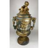 AN UNUSUAL 19TH CENTURY PEDESTAL BRONZE URN WITH NEO-CLASSICAL RELIEF DESIGN ON FLUTED BASE WITH