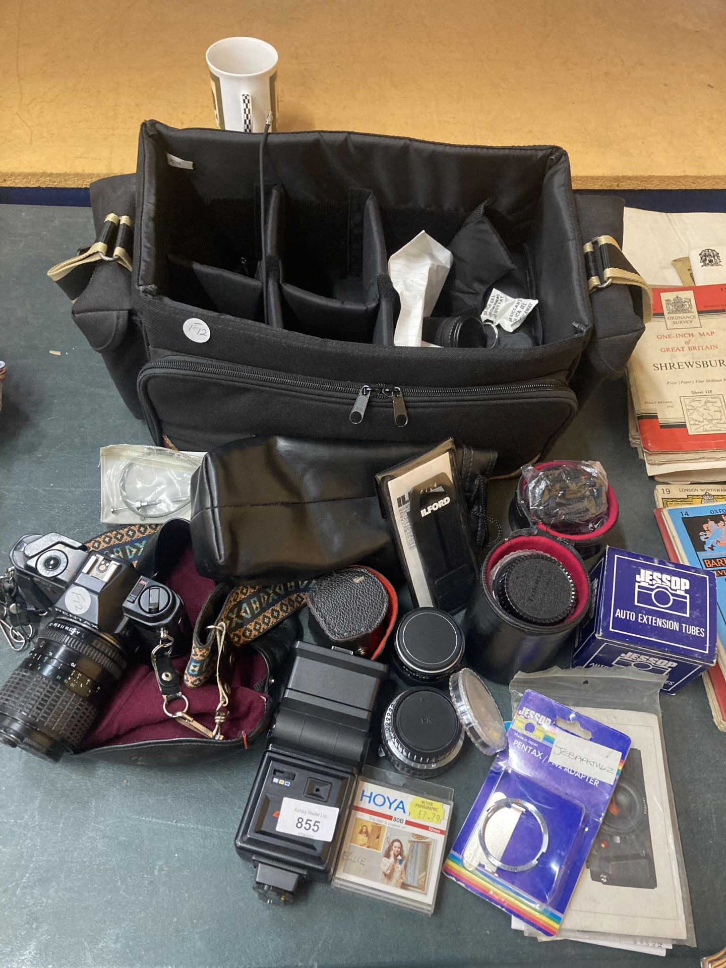 A PENTAX P30 CAMERA, LENSES, FLASH, EXTENSION TUBES, FILTERS, INSTRUCTIONS, ETC, ALL CASED IN A