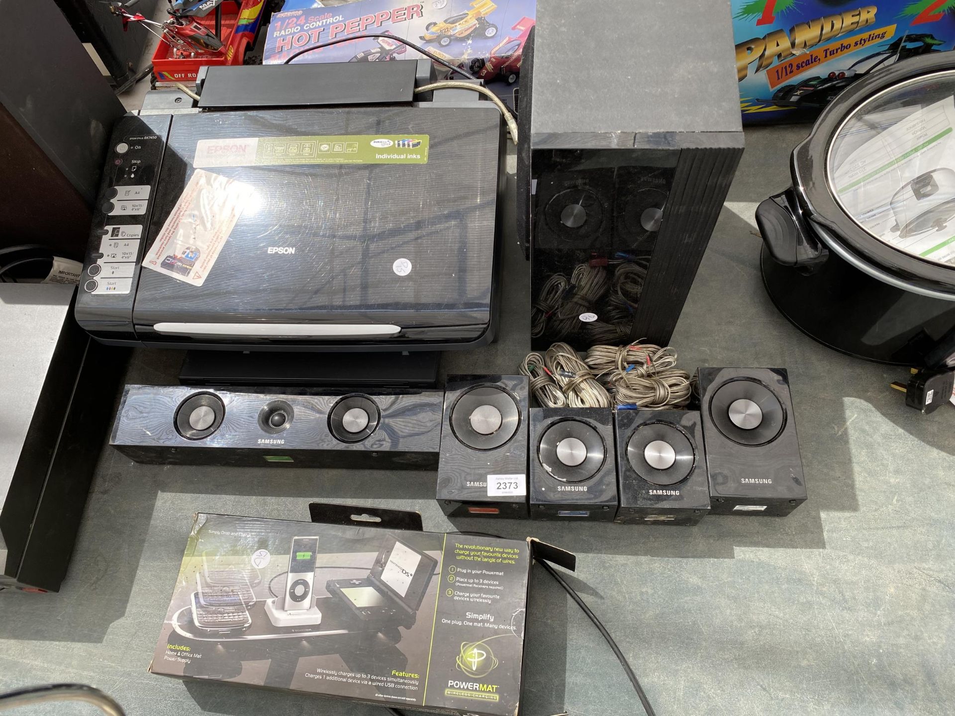 AN ASSORTMENT OF ITEMS TO INCLUDE AN EPSON PRINTER AND SAMSUNG SURROUND SOUND SPEAKERS ETC