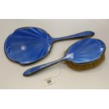 TWO HALLMARKED SILVER ART DECO ENGINE TURNED BLUE ENAMEL DRESSING TABLE ITEMS - BRUSH AND MIRROR