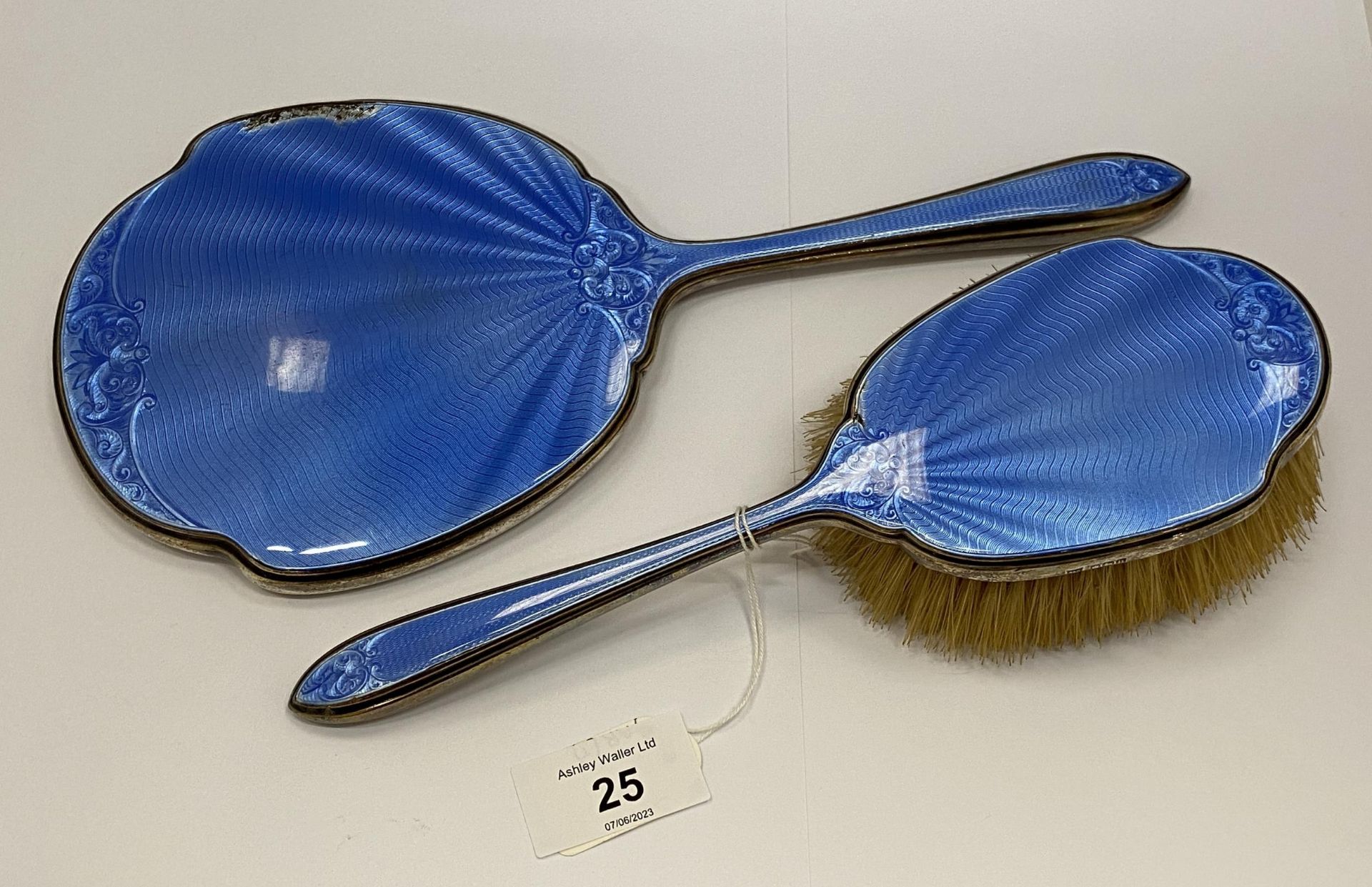 TWO HALLMARKED SILVER ART DECO ENGINE TURNED BLUE ENAMEL DRESSING TABLE ITEMS - BRUSH AND MIRROR