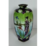 A JAPANESE GINBARI MEIJI PERIOD (1868-1912) ENAMEL DESIGN VASE DECORATED WITH A GEISHA GIRL BY A