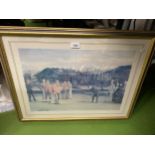 A LARGE GILT FRAMED ALLEN C SEALY GOLFING PRINT