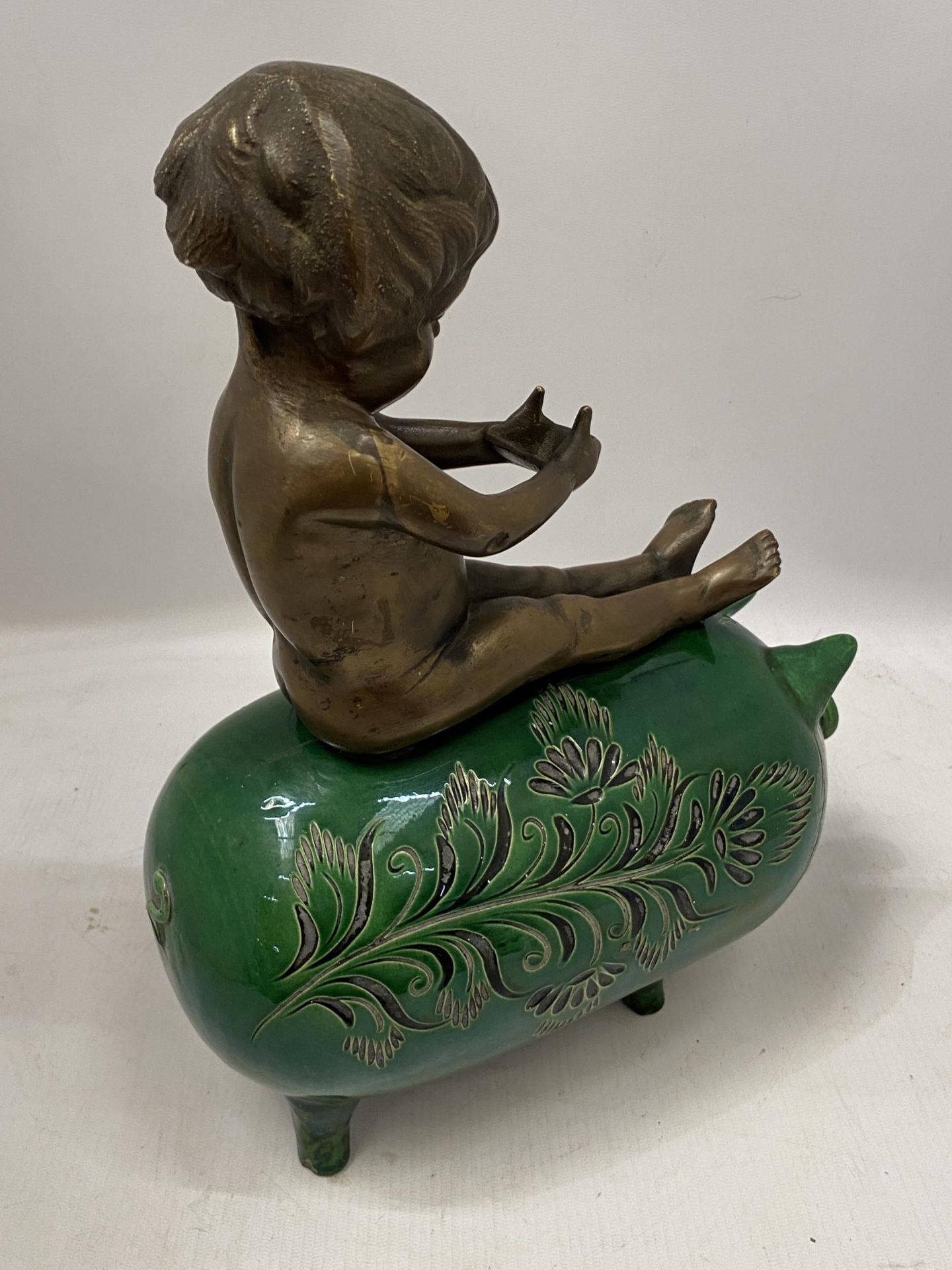 A GREEN VICTORIAN CERAMIC PIG WITH BRONZE MODEL OF A BOY SEATED, HEIGHT 34CM - Image 4 of 5
