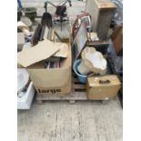 AN ASSORTMENT OF HOUSEHOLD CLEARANCE ITEMS TO INCLUDE RECORDS AND PRINTS ETC