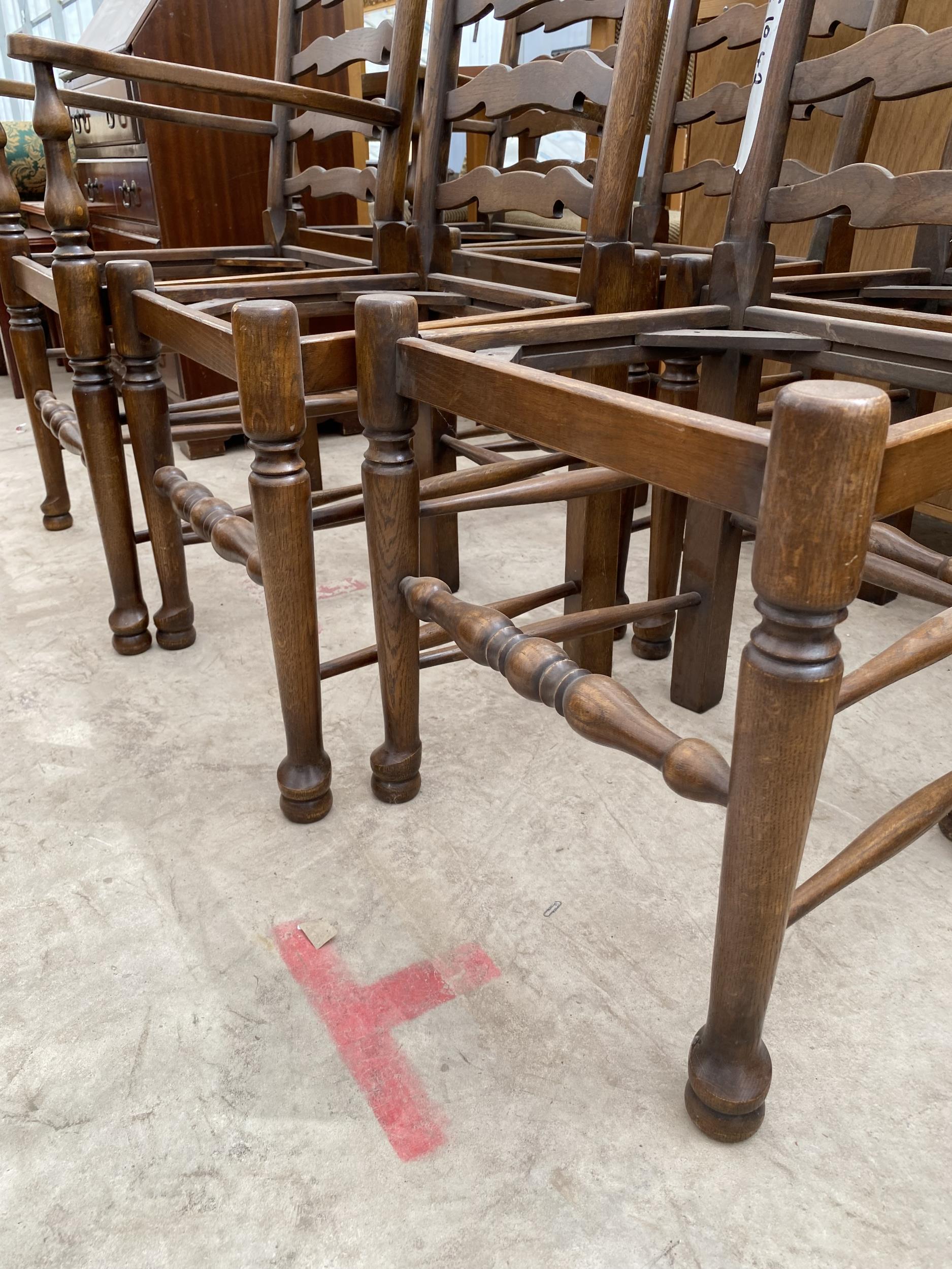 A SET OF SIX 18TH CENTURY STYLE LADDERBACK DINING CHAIRS, TWO BEING CARVERS (LACKING SEATS) - Image 3 of 3