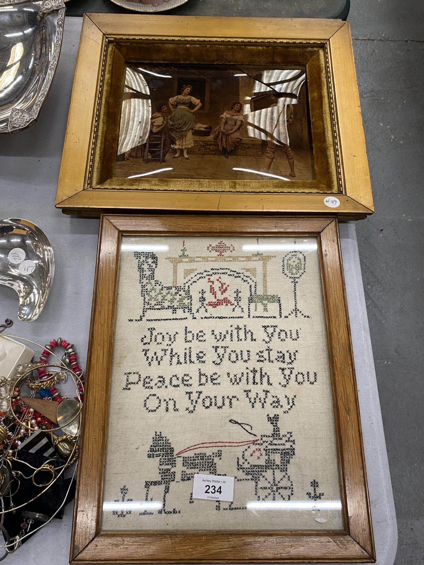 TWO ITEMS - GILT FRAMED CRYSTOLEUM - A/F AND A TAPESTRY SAMPLER