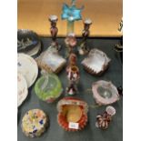 A LARGE QUANTITY OF COLOURED MURANO STYLE GLASS TO INCLUDE BASKETS, VASES, CANDLESTICKS, TRINKET