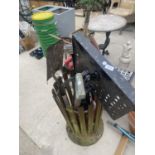 VARIOUS TOOLS IN A VINTAGE WOODEN BIN