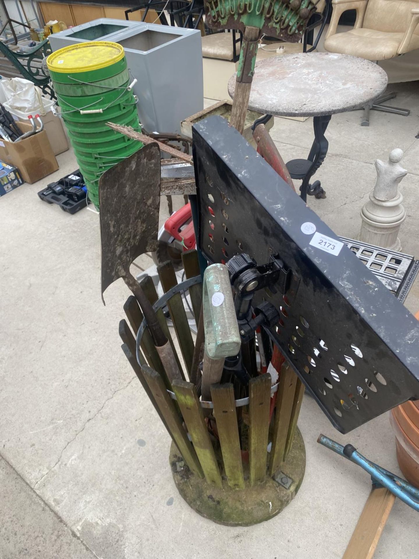 VARIOUS TOOLS IN A VINTAGE WOODEN BIN