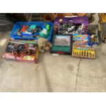 AN ASSORTMENT OF CHILDRENS TOYS AND GAMES TO INCLUDE THOMAS THE TANK ENGINES AND TRACK,