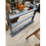 A BLUE PAINTED WALL RACK, 54" WIDE