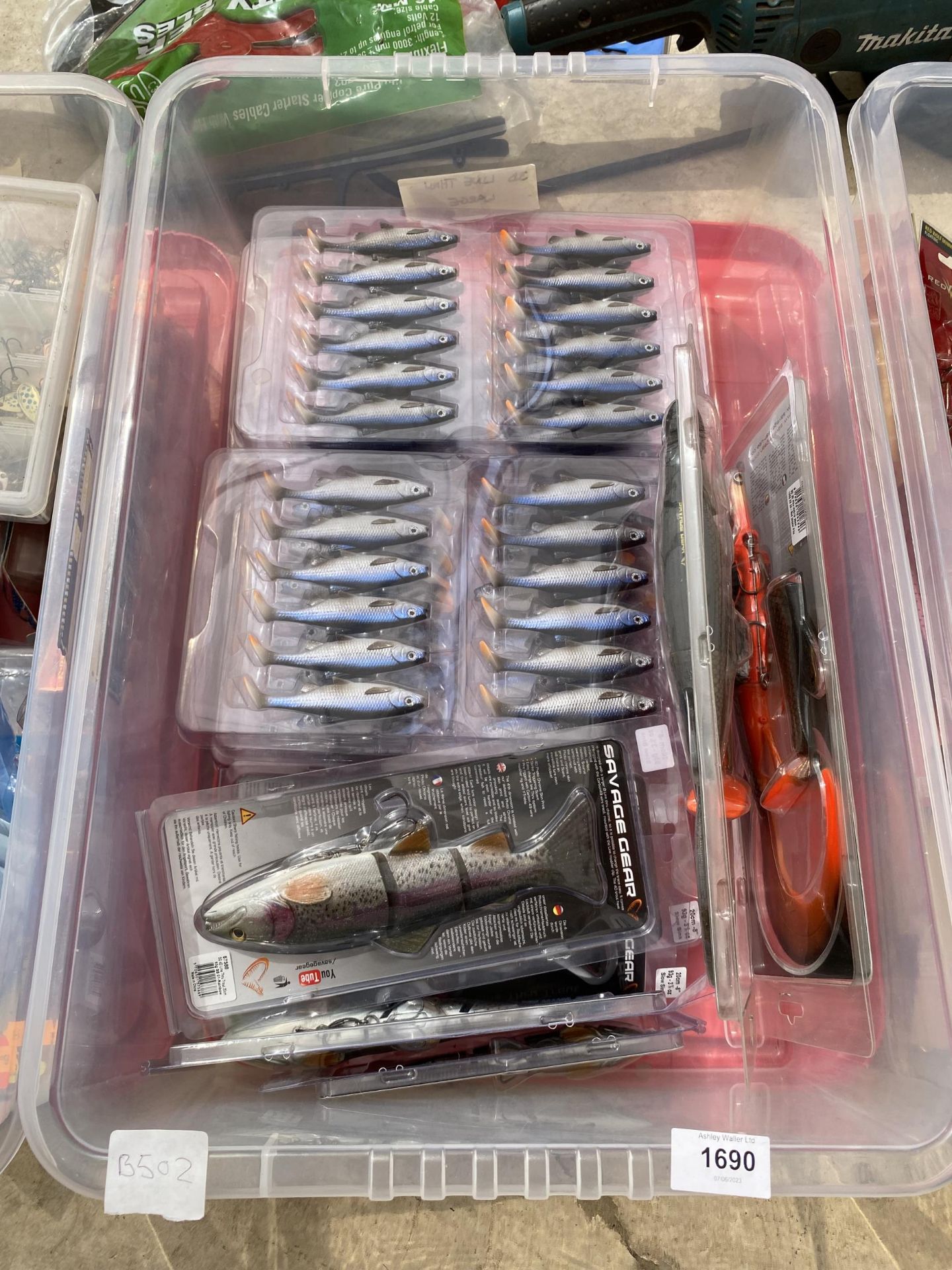 A BOX CONTAINING A LARGE NUMBER OF AS NEW LURES (FROM A TACKLE SHOP CLEARANCE)