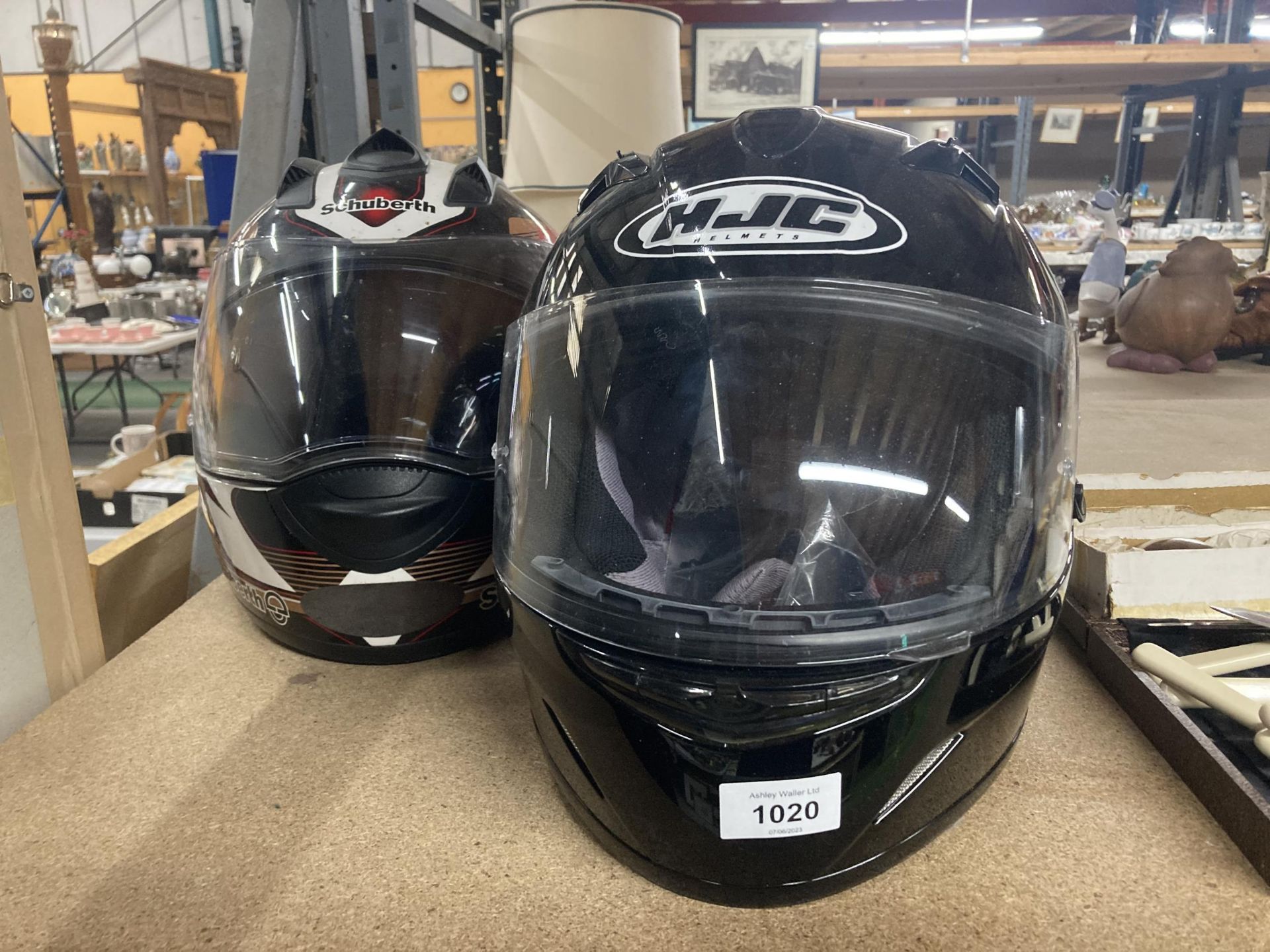 TWO MOTORCYCLE HELMETS TO INCLUDE SCHUBERTH AND HJC