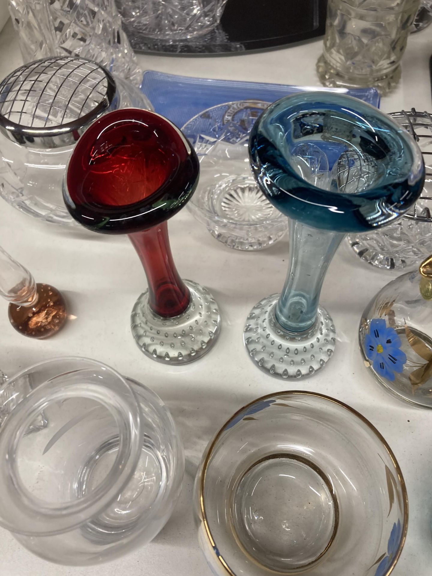 A LARGE QUANTITY OF GLASSWARE TO INCLUDE A WATERFORD CRYSTAL MANTLE CLOCK, VASES, BELLS, ROSE BOWLS, - Image 2 of 3