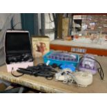 A LARGE MIXED LOT OF HAIRDRESSING ITEMS, DRYERS, VINTAGE ITEMS, ROLLERS, STRAIGHTENERS ETC